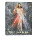 Jesus with grey background on a wooden plaque