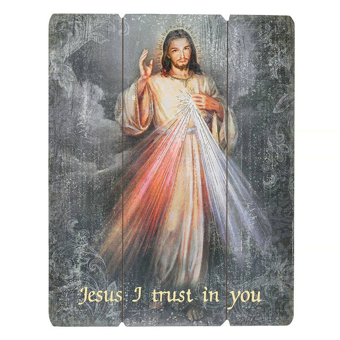Jesus with grey background on a wooden plaque