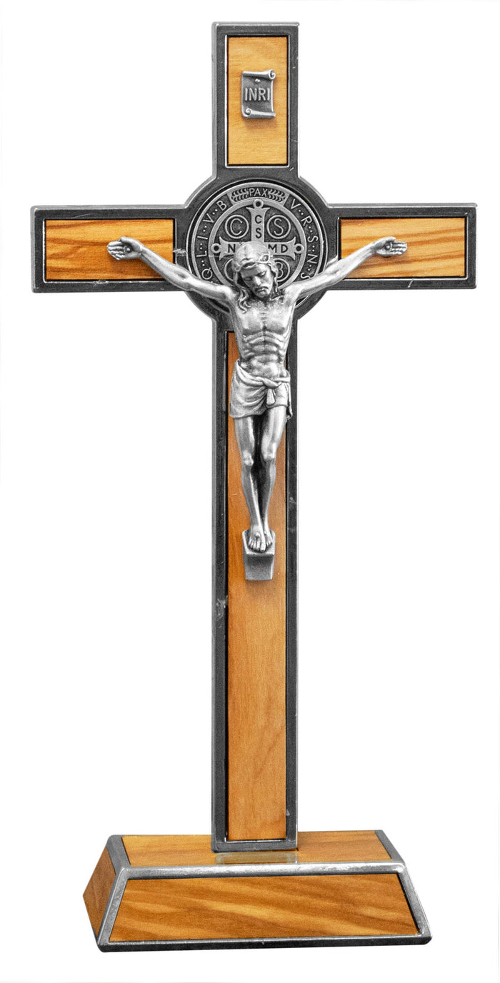 8" Standing St. Benedict Crucifix Silver with Olive Wood