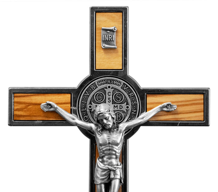 8" Standing St. Benedict Crucifix Silver with Olive Wood