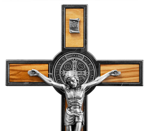 8" Standing St. Benedict Crucifix Silver with Olive Wood