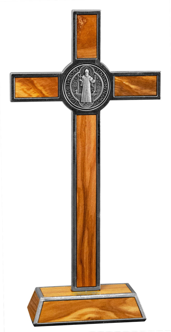 8" Standing St. Benedict Crucifix Silver with Olive Wood