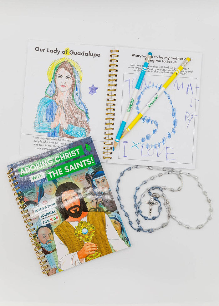 Book cover with coloring page and rosary on white background