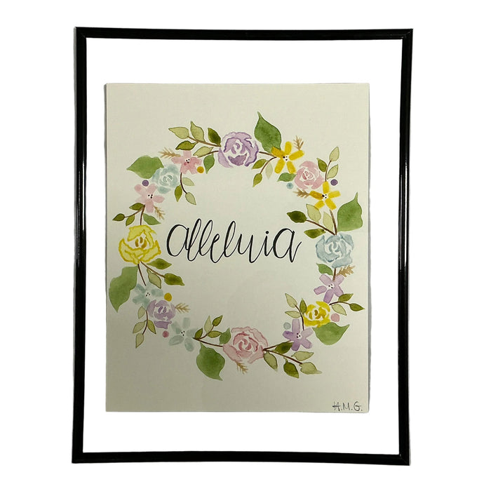 Framed artwork with floral wreath and word ' on a beige background