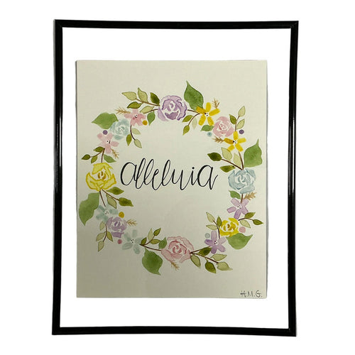 Framed artwork with floral wreath and word ' on a beige background