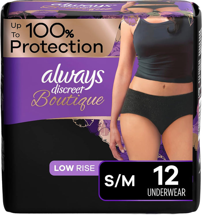 Always Discreet Boutique Low-Rise Underwear Maximum Absorbency, Black ,S/M , 12 pcs