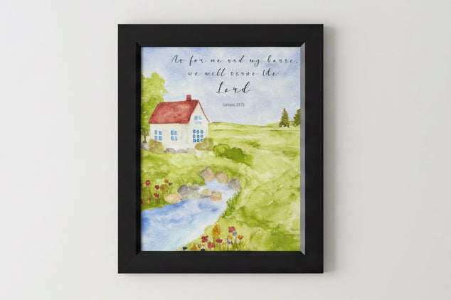 Framed artwork of a house by a lake with text.
