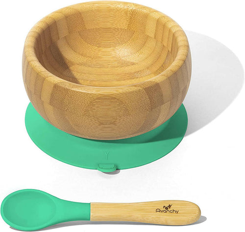 Bamboo Baby Suction Bowl and Spoon by Avanchy - Green.