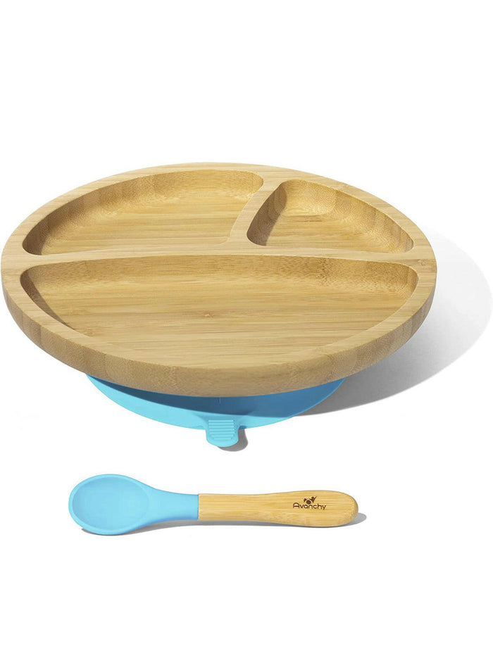Baby Feeding Suction Plate - Soft Tip Spoon Babies Set by Avanchy - Blue.