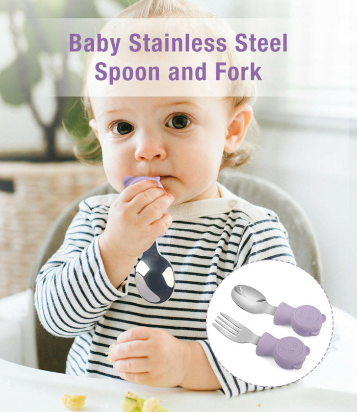 Baby Self Feeding Spoon and Fork ,Silicone and Stainless Steel for Toddler.