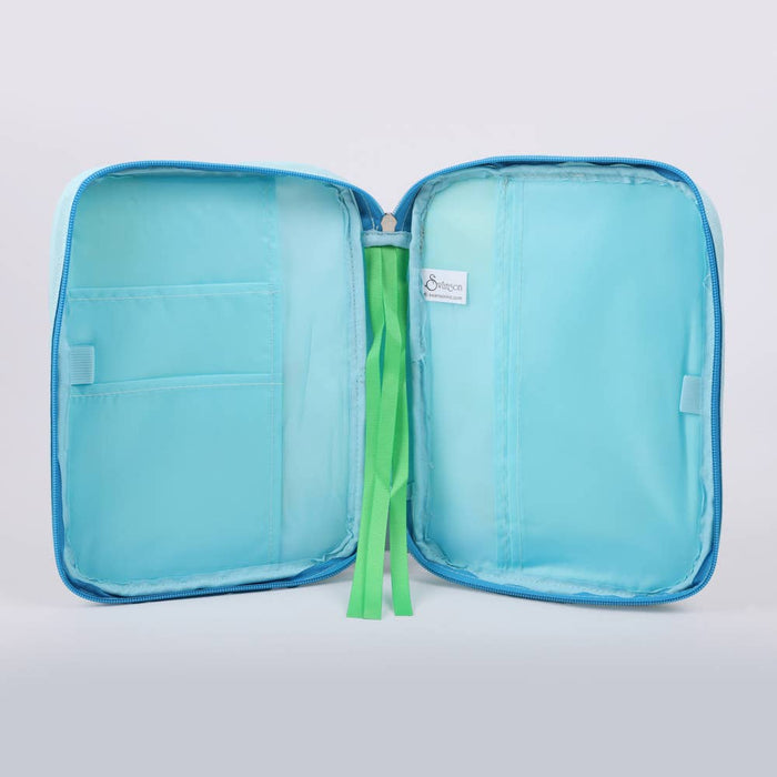 Baby blue inside of Bible cover on white background