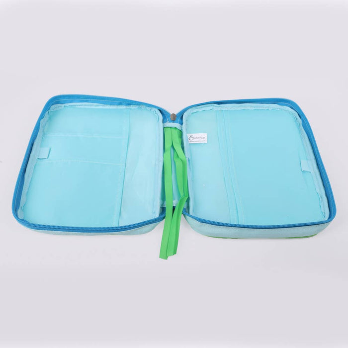 Baby blue inside of Bible cover on white background