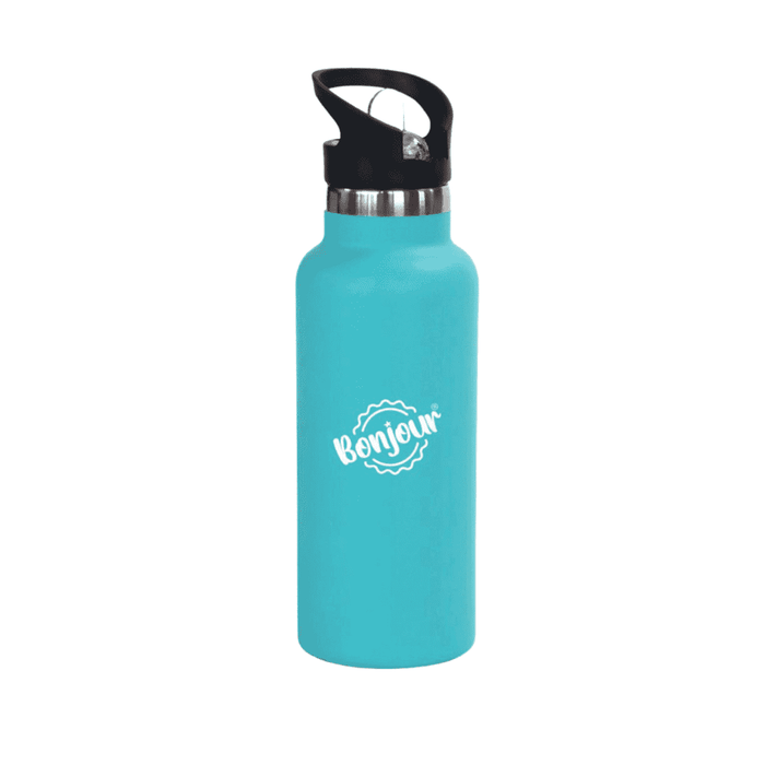 Bonjour Sip Box Premium Stainless Steel Insulated Water Bottle with Straw Lid and Handle Cap.