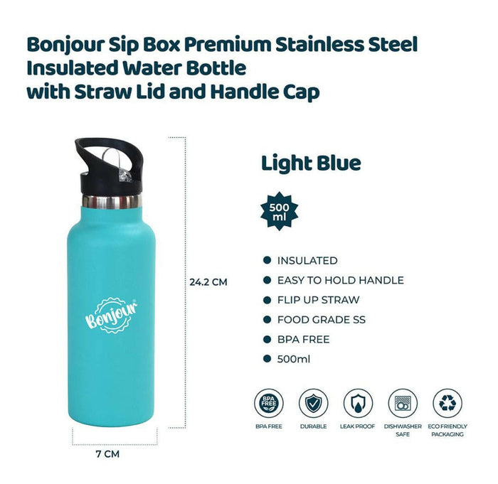 Bonjour Sip Box Premium Stainless Steel Insulated Water Bottle with Straw Lid and Handle Cap.