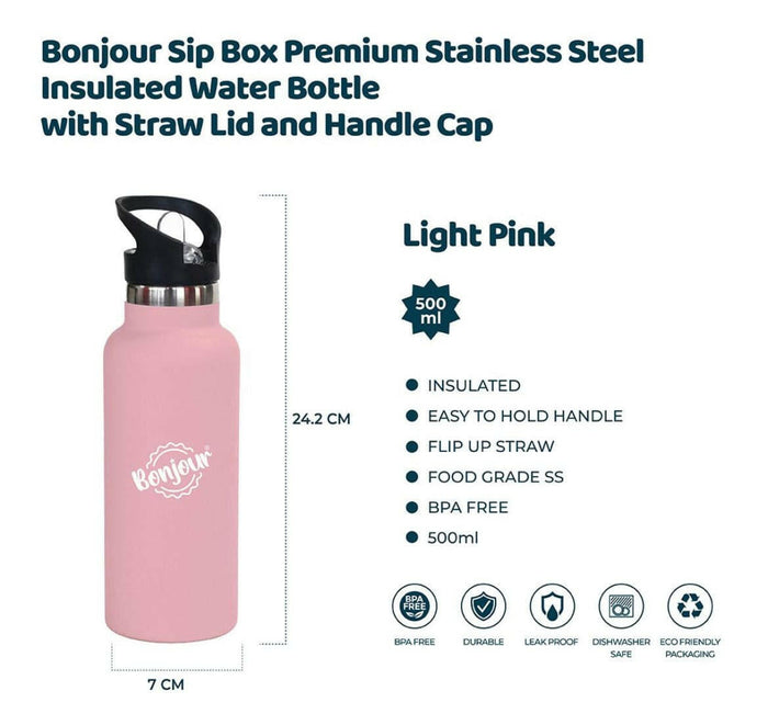 Bonjour Sip Box Premium Stainless Steel Insulated Water Bottle with Straw Lid and Handle Cap.