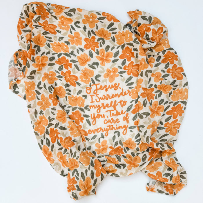 Floral-patterned fabric with text on a white background