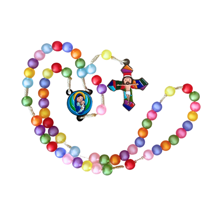 Colorful beaded rosary with a cross and character pendant on a white background