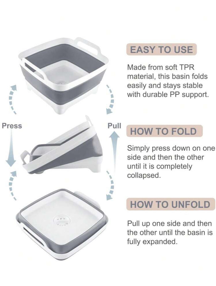 Collapsible Dish Basin With Drain Plug Space Saving (Gray)