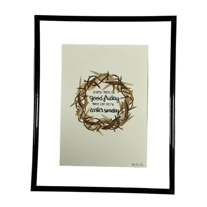 Framed artwork with a wreath design and text on a beige background