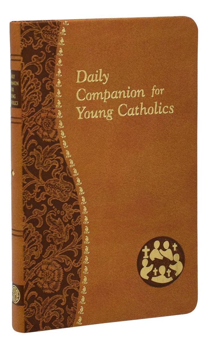 Brown book titled 'Daily Companion for Young Catholics' with decorative cover