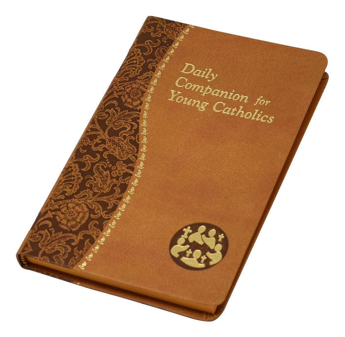 Brown book titled 'Daily Companion for Young Catholics' with decorative elements on a white background