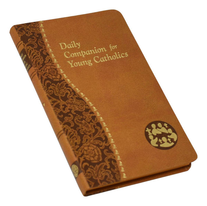 Brown book titled 'Daily Companion for Young Catholics' with decorative elements on a white background
