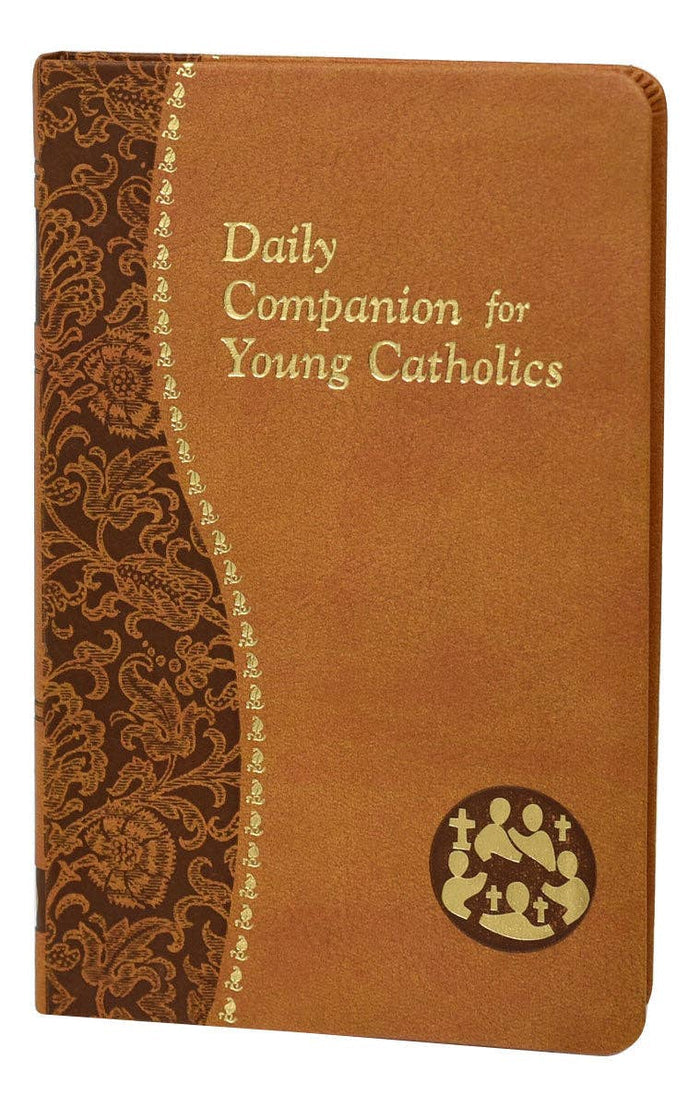 Brown book titled 'Daily Companion for Young Catholics' with decorative elements on a white background