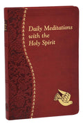 Red book titled 'Daily Meditations with the Holy Spirit' featuring a gold dove emblem on a white background