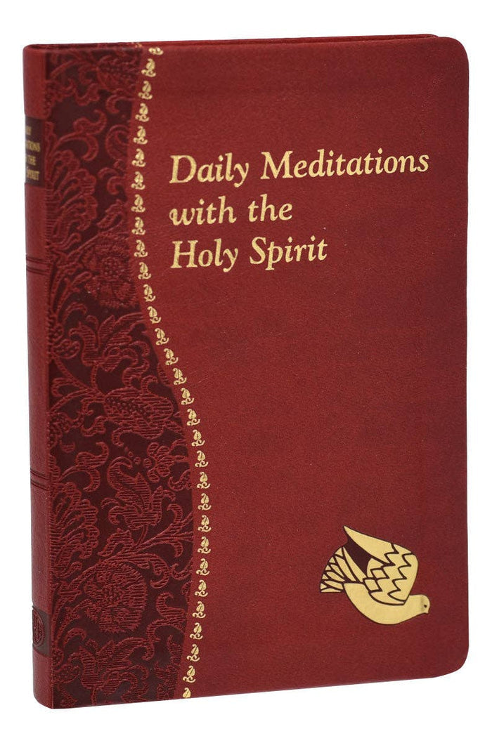 Red book titled 'Daily Meditations with the Holy Spirit' featuring a gold dove emblem on a white background