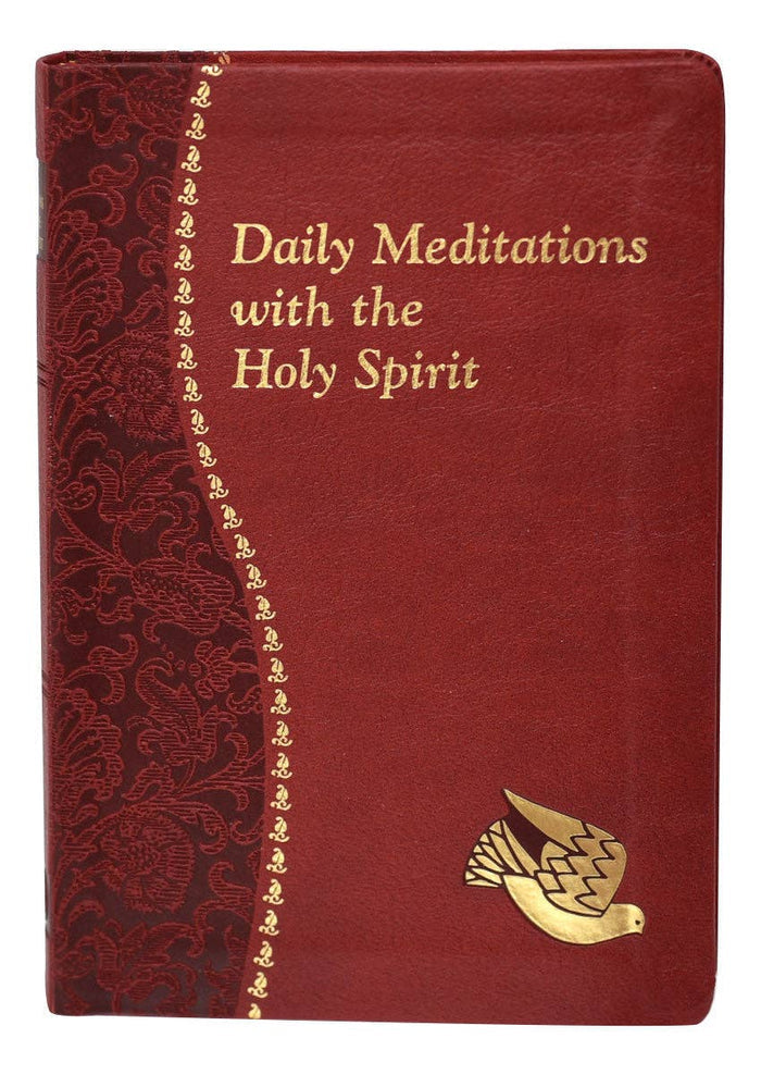 Red book titled 'Daily Meditations with the Holy Spirit' featuring a gold dove emblem on a white background