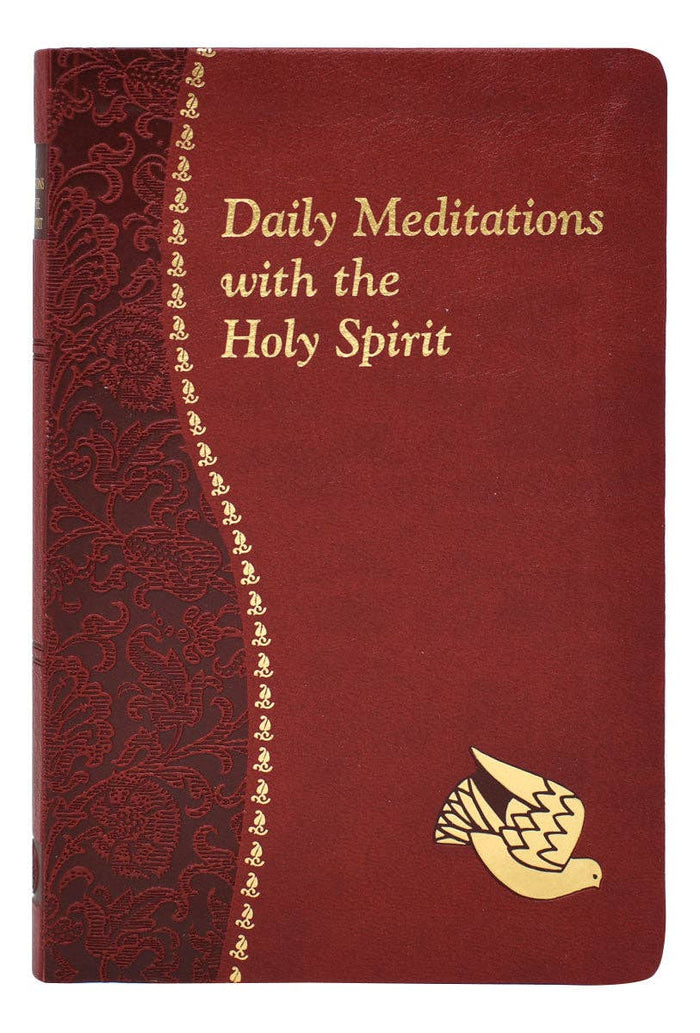 Red book titled 'Daily Meditations with the Holy Spirit' featuring a gold dove emblem on a white background