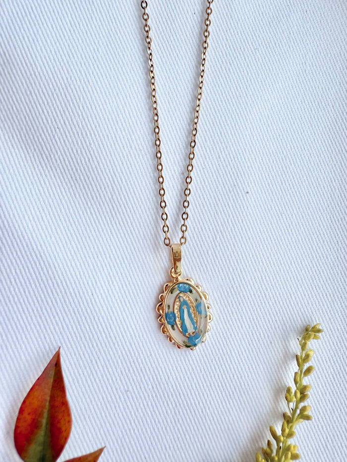 Dainty Our Lady in Blue Roses Necklace