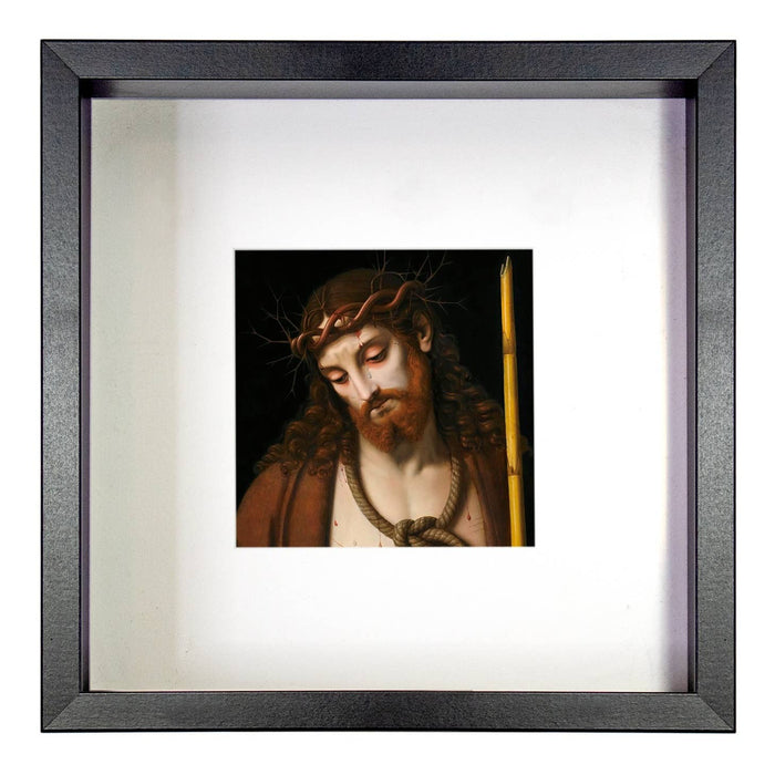 Framed artwork of a religious figure with a black frame on a white background