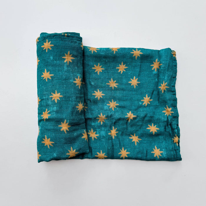 Folded teal fabric with yellow star patterns on a white background