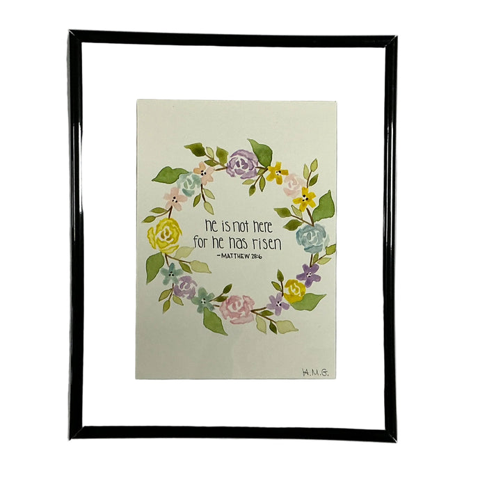 Framed artwork with floral design and text on a white background