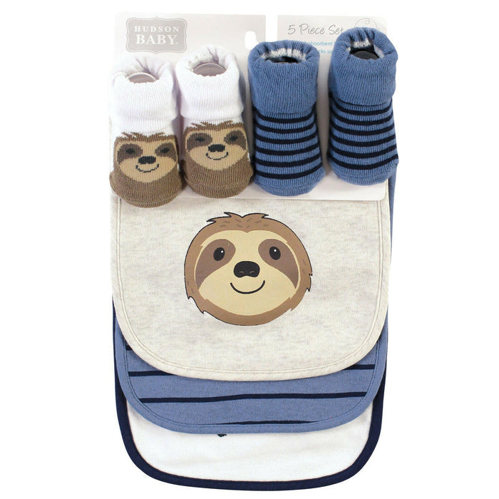 Hudson Baby Infant Boy Cotton Bib and Sock Set, Sloth, One Size