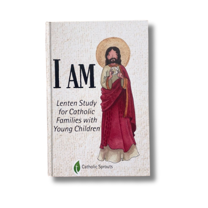 Book titled 'I AM' with a religious illustration on a white background