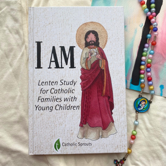 Book titled 'I AM' for Lenten Study with Catholic Sprouts, featuring an illustration of a religious figure on a textured background.