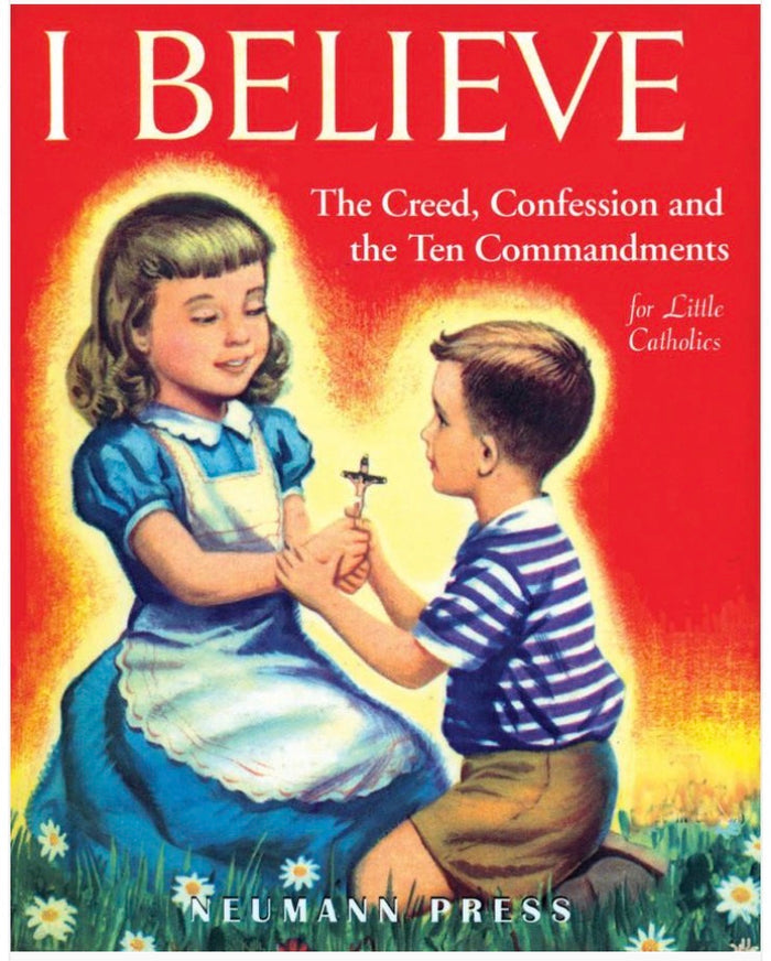 Book cover of 'I Believe' with a girl and boy holding hands and a cross, set against a red background.
