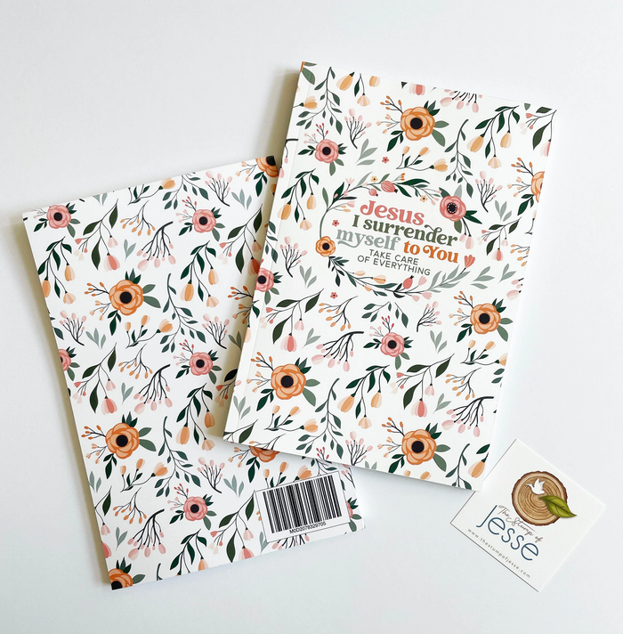 Two floral-patterned notebooks with a quote on a white background