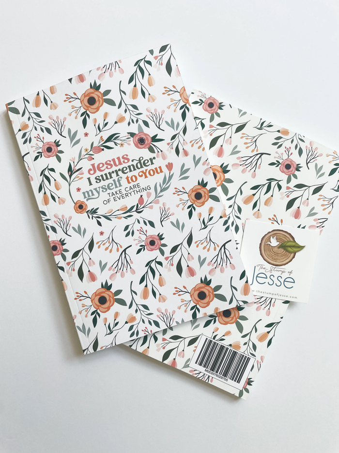 Floral notebook with text on a white background
