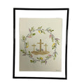 Framed artwork with crosses and floral wreath on a white background