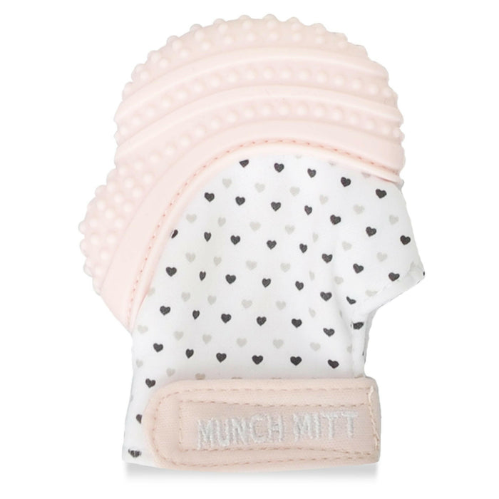 Munch Mitt Teething Mitten - Hearts - Pastel Pink.