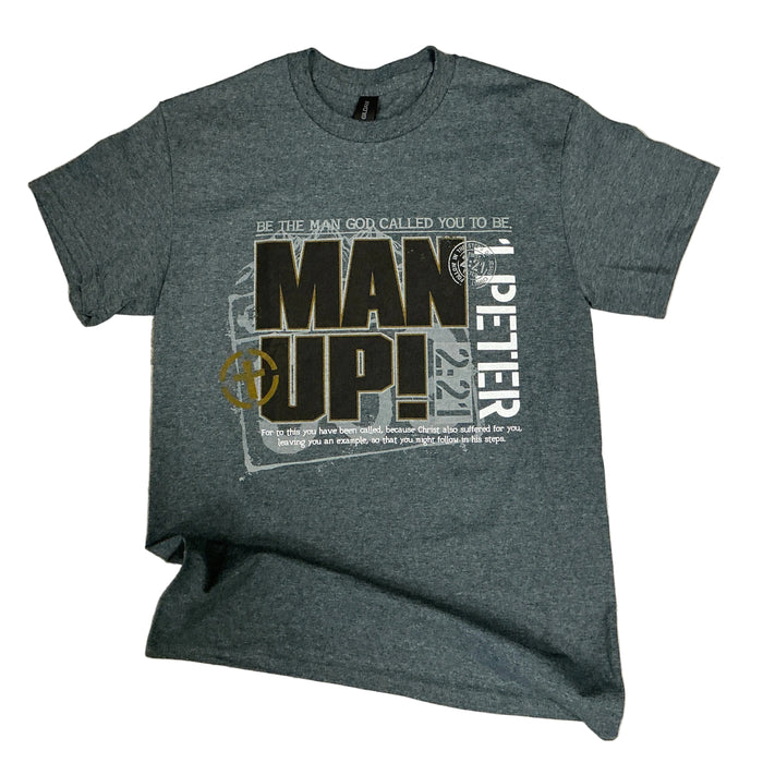 Gray t-shirt with 'Man Up!' text on a white background