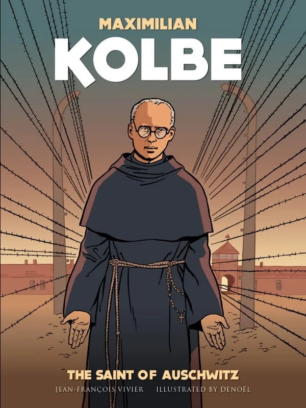 book cover featuring Maximilian Kolbe with barbed wire fence in the background