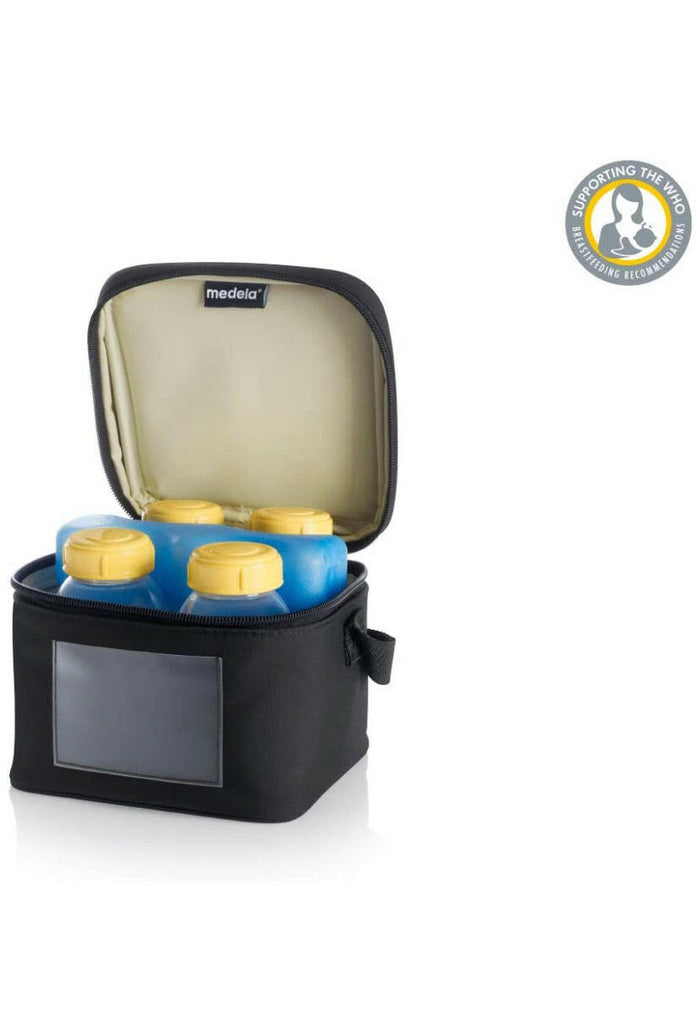 Medela Breast Milk Cooler and Transport Set, 5 ounce Bottles with Lids, Contoured Ice Pack, Cooler Carrier Bag.