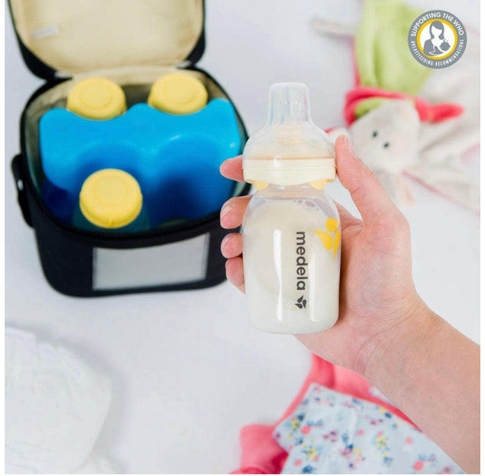 Medela Breast Milk Cooler and Transport Set, 5 ounce Bottles with Lids, Contoured Ice Pack, Cooler Carrier Bag.