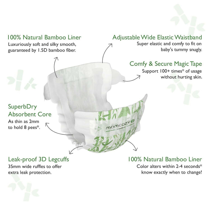 Momcozy Baby Diapers, Natural Bamboo Diapers for Sensitive Skin with Leak-Proof 3D Legcuffs.