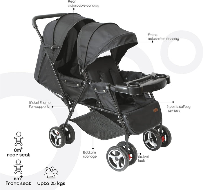 MOON Magnum Tandem Easy Fold Twin Travel Stroller, Black
