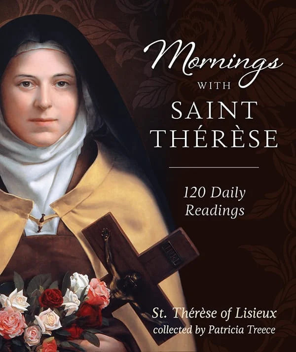 Book cover of 'Mornings with Saint Thérèse' featuring a portrait of St. Thérèse of Lisieux with flowers and a cross.